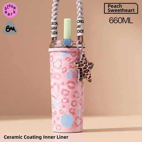 BLOOMMARK Leopard Print Insulated Tumbler with Straw – 660ml/430ml Ceramic-Lined Stainless Steel Travel Cup – 8H Cold & 6H Hot Retention, Leak-Proof Finger-Lock Lid, Braided Carry Strap, Fits Car Cup Holders
