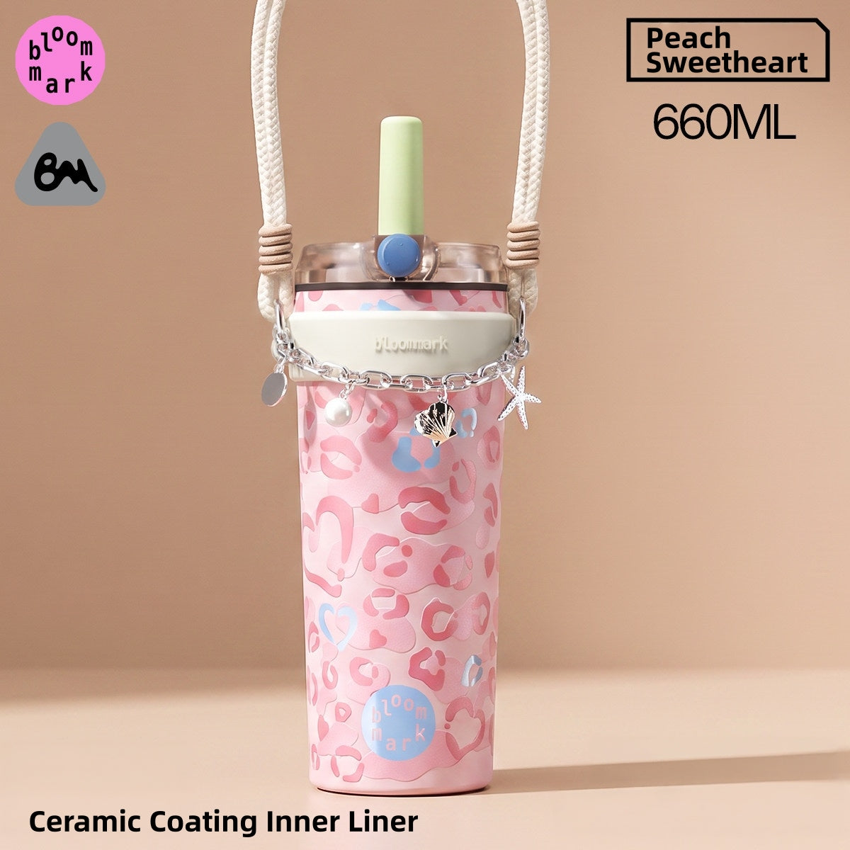BLOOMMARK Leopard Print Insulated Tumbler with Straw – 660ml/430ml Ceramic-Lined Stainless Steel Travel Cup – 8H Cold & 6H Hot Retention, Leak-Proof Finger-Lock Lid, Braided Carry Strap, Fits Car Cup Holders