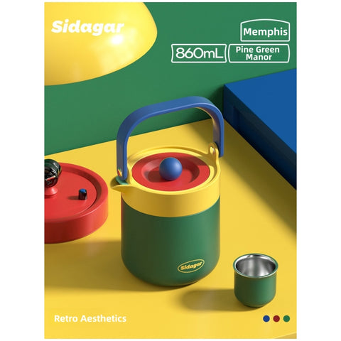 Sidagar Memphis Collection 860ml Stainless Steel Teapot | S31603 Insulated Travel Tea Flask with Infuser | Double-Wall Vacuum Thermo Tea Set for Home, Office & Outdoor | Gorgeous Retro Colors