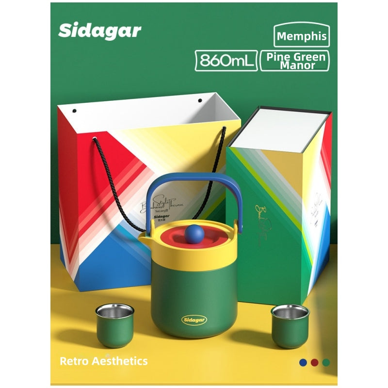 Sidagar Memphis Collection 860ml Stainless Steel Teapot | S31603 Insulated Travel Tea Flask with Infuser | Double-Wall Vacuum Thermo Tea Set for Home, Office & Outdoor | Gorgeous Retro Colors