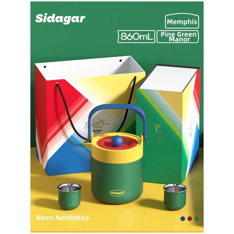 Sidagar Memphis Collection 860ml Stainless Steel Teapot | S31603 Insulated Travel Tea Flask with Infuser | Double-Wall Vacuum Thermo Tea Set for Home, Office & Outdoor | Gorgeous Retro Colors