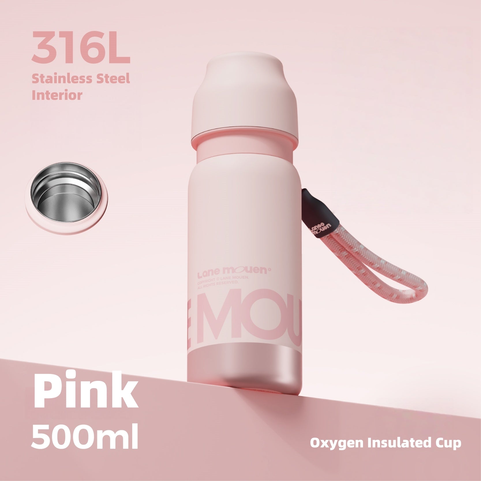Lane Mouen Yuan Qi 500ml Insulated Bottle - 316L Stainless Steel, One-Touch Lid, Leakproof, for Hot & Cold Beverages