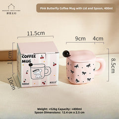 Adorable Animal & Floral Design Mug with Spoon & Lid - 400ml Ceramic Coffee Cup, Microwave Safe, Eco-Friendly Gift for Pet & Nature Lovers