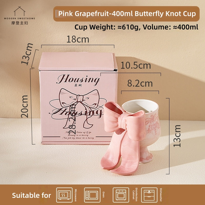 MDZF SWEET HOME Princess Escape Series Ceramic Mug with 3D Bow - Elegant Underglaze Hand-Painted Design, Gift Ready Coffee Cup with Spoon