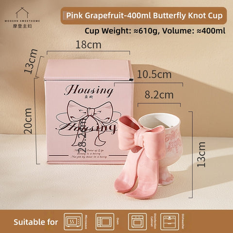 MDZF SWEET HOME Princess Escape Series Ceramic Mug with 3D Bow - Elegant Underglaze Hand-Painted Design, Gift Ready Coffee Cup with Spoon