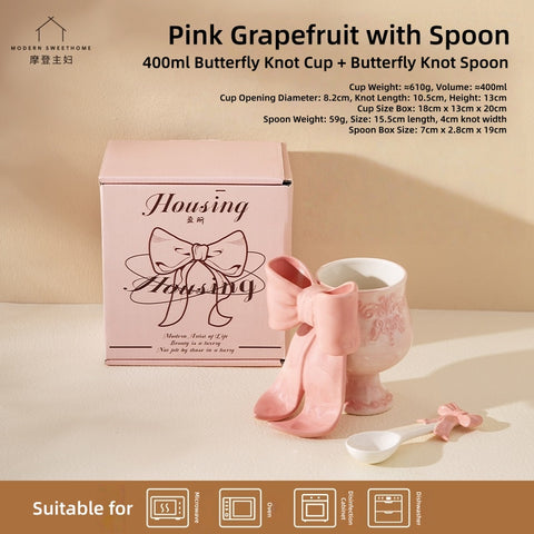 MDZF SWEET HOME Princess Escape Series Ceramic Mug with 3D Bow - Elegant Underglaze Hand-Painted Design, Gift Ready Coffee Cup with Spoon