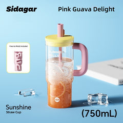 Sidagar Sunshine JELLY Straw Cup with Ice Grid - 750mL Leak-Proof Tritan Water Bottle, BPA-Free Summer Essentials for Cold Drinks