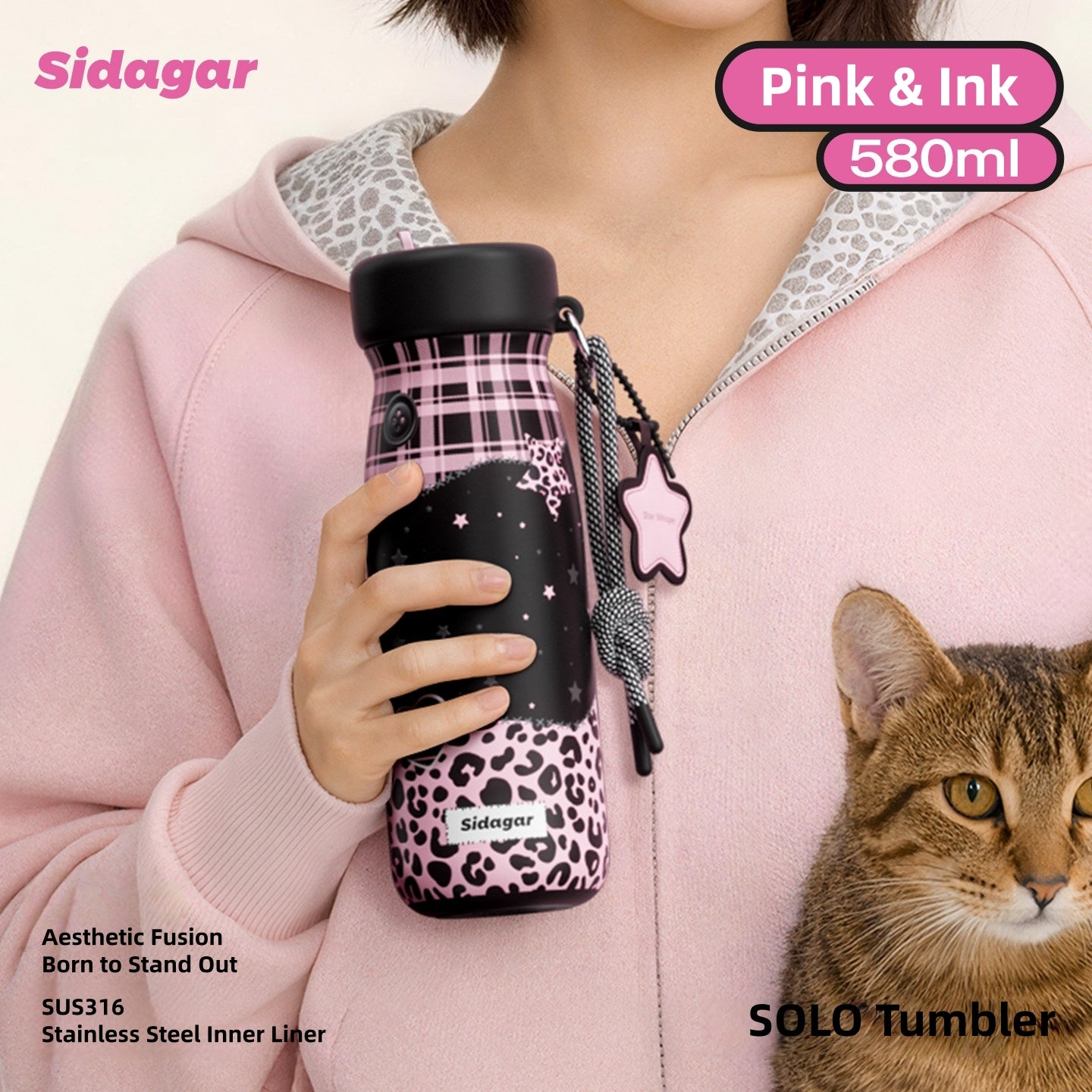 Sidagar SOLO Insulated Mug 580mL – SUS316 Stainless Steel Vacuum Tumbler with Straw & Leak-Proof Lid, Hot & Cold 6-Hour Temperature Retention, Cupholder Friendly Aesthetic Travel Coffee Mug