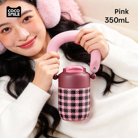 Coco Smile 350ml Insulated Tumbler with Handle – 316 Stainless Steel Cloud Mini Coffee Mug with Straw, Leak-Proof Fashion Drinkware for OOTD, Office & Camping (Pink/Black)