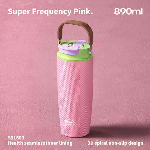 890ml Dazzling Color Stainless Steel Tumbler with Dual-Drink Lid & Textured Grip - Trendy Insulated Water Bottle for Travel & Gym