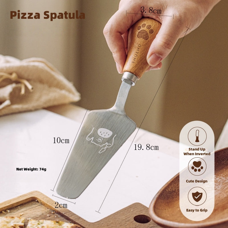 SHUEHO Stand-Up Bear Paw Pizza Cutter & Triangle Server Set - 360° Rolling Blade, Beech Wood Handle, Food-Grade 430/420 Stainless Steel