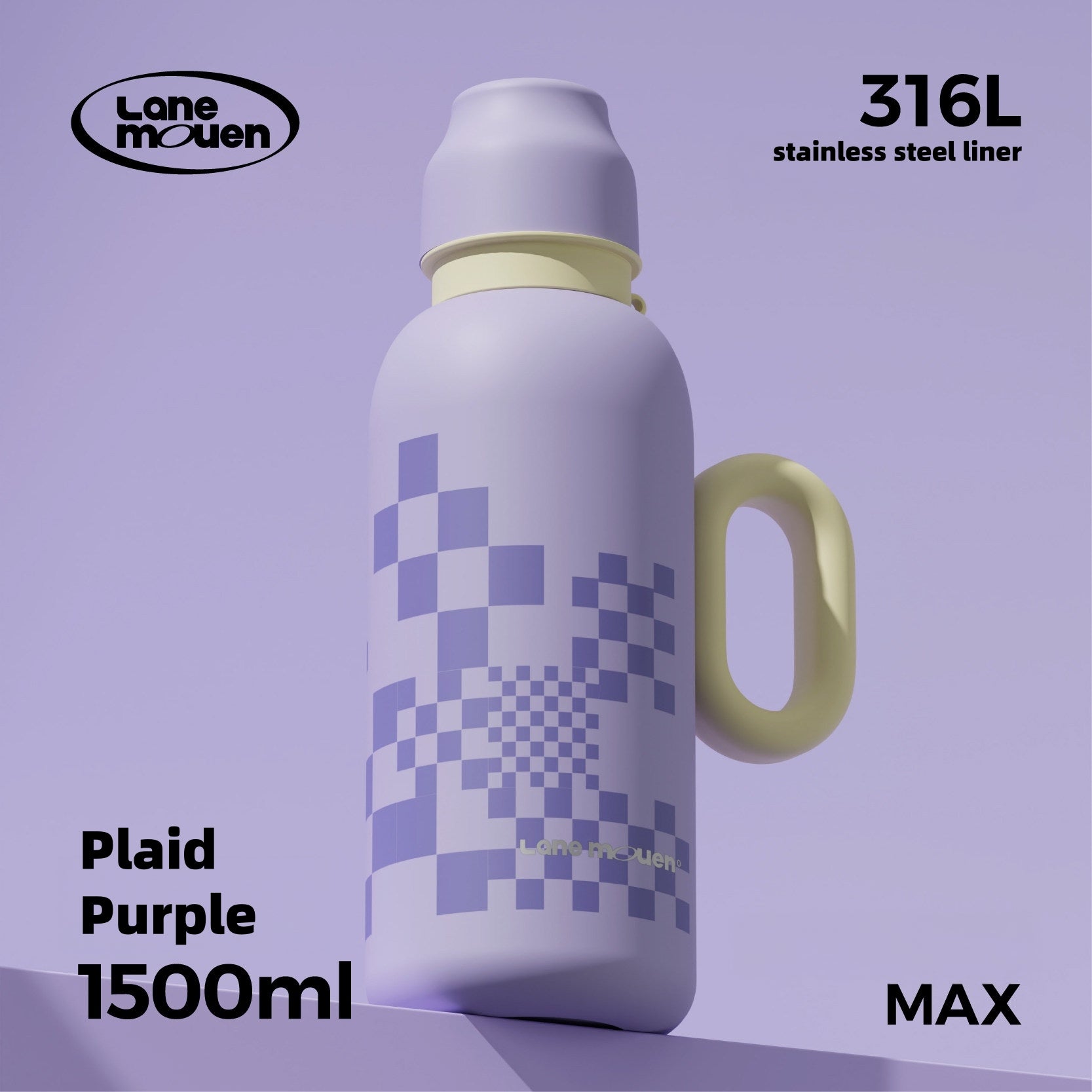 Lane Mouen 1500ml/1000ml Vacuum Insulated Pot with Handle & Cup Lid – 316L Stainless Steel Thermal Carafe, 6H Heat & Cold Retention, One-Click Open, Leakproof Water Bottle for Office, Camping & Travel (Floral White/Grid Purple/Milk Tea Brown)
