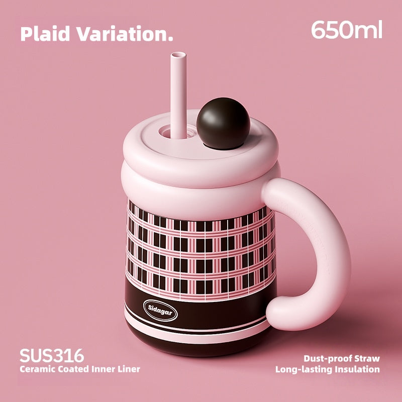 Sidagar Retro Plaid Desktop Straw Cup - 650ml Insulated Ceramic Coated Mug with Detachable Lid, Vintage Design for Home Office Use