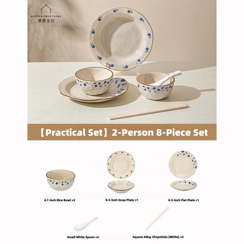 Modern Sweet Home Blue Floral Dinnerware Set – Reactive Glaze Ceramic, Hand-Pinched Texture, Microwave & Dishwasher Safe (Diverse Shapes for Salad, Pasta, Soup)