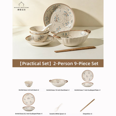 Modern Sweet Home Bluegrass Series Vintage Ceramic Dinnerware - Sold Individually or in Sets (9/18/27 Pieces), Underglaze Floral Tableware for 2, 4, or 6 People, Microwave & Oven Safe, Rustic Farmhouse Decor.
