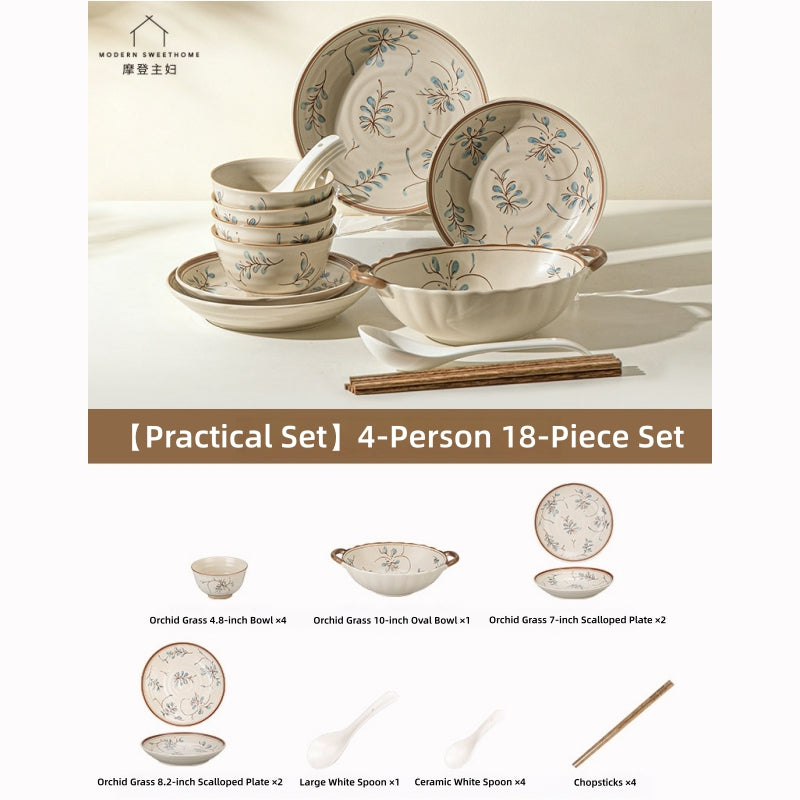 Modern Sweet Home Bluegrass Series Vintage Ceramic Dinnerware - Sold Individually or in Sets (9/18/27 Pieces), Underglaze Floral Tableware for 2, 4, or 6 People, Microwave & Oven Safe, Rustic Farmhouse Decor.