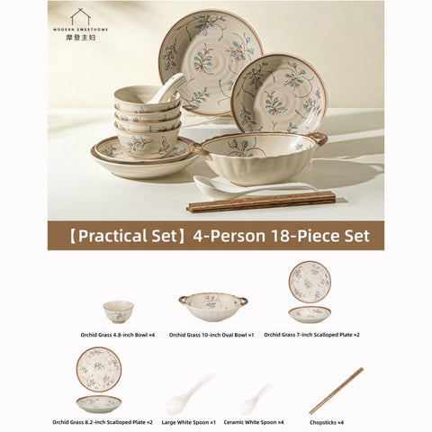 Modern Sweet Home Bluegrass Series Vintage Ceramic Dinnerware - Sold Individually or in Sets (9/18/27 Pieces), Underglaze Floral Tableware for 2, 4, or 6 People, Microwave & Oven Safe, Rustic Farmhouse Decor.