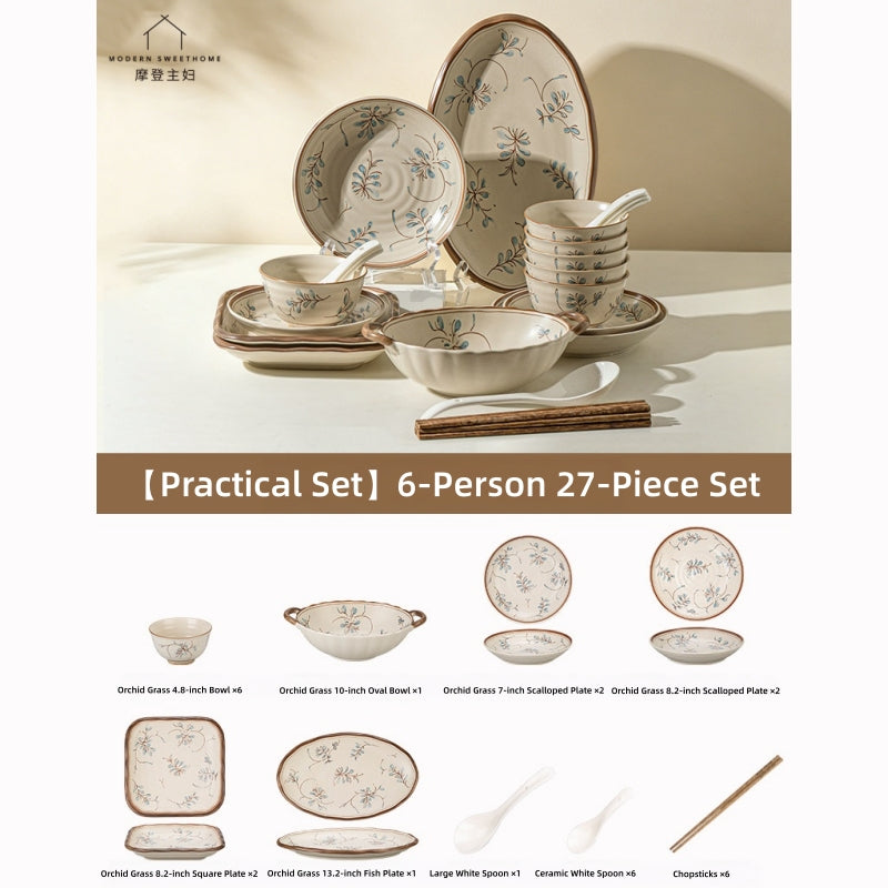 Modern Sweet Home Bluegrass Series Vintage Ceramic Dinnerware - Sold Individually or in Sets (9/18/27 Pieces), Underglaze Floral Tableware for 2, 4, or 6 People, Microwave & Oven Safe, Rustic Farmhouse Decor.