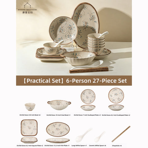 Modern Sweet Home Bluegrass Series Vintage Ceramic Dinnerware - Sold Individually or in Sets (9/18/27 Pieces), Underglaze Floral Tableware for 2, 4, or 6 People, Microwave & Oven Safe, Rustic Farmhouse Decor.