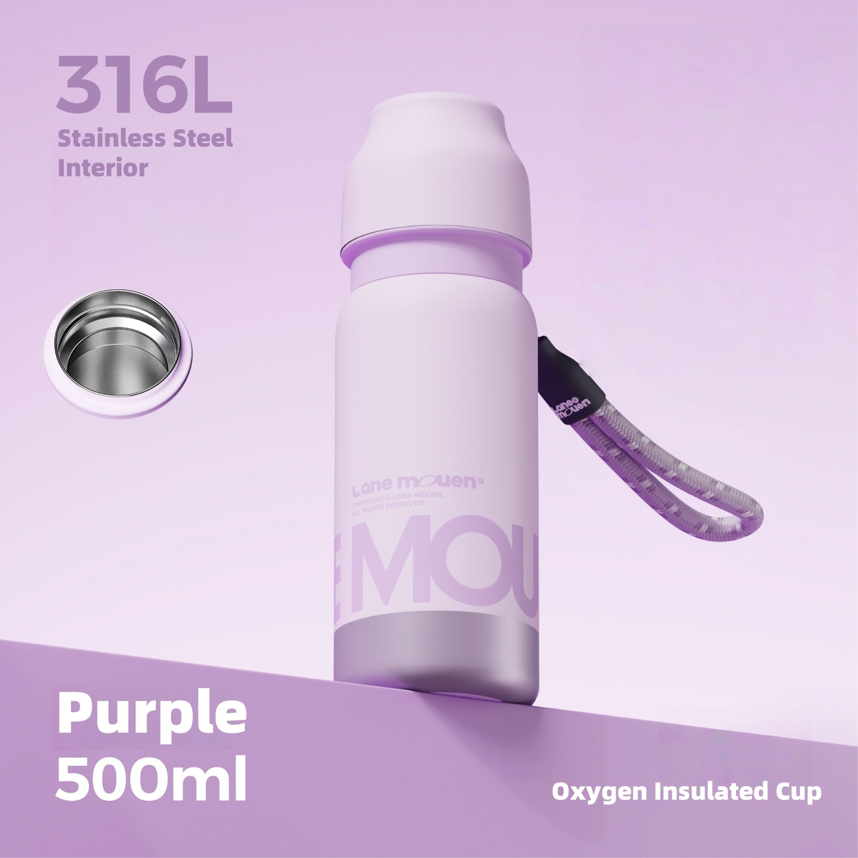Lane Mouen Yuan Qi 500ml Insulated Bottle - 316L Stainless Steel, One-Touch Lid, Leakproof, for Hot & Cold Beverages