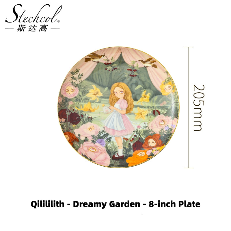 Stechcol Qilililisi 8-Inch Bone China Plate – Alice in Wonderland Inspired, Hand-Painted Gold Rim, Luxury Decorative Dish
