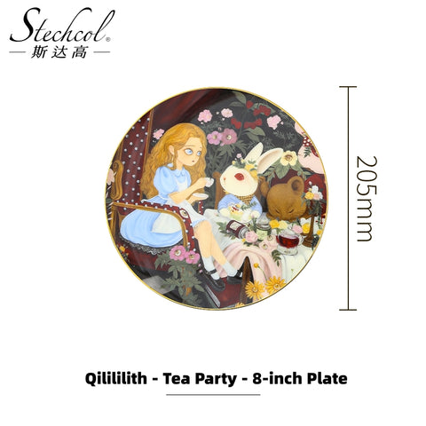 Stechcol Qilililisi 8-Inch Bone China Plate – Alice in Wonderland Inspired, Hand-Painted Gold Rim, Luxury Decorative Dish