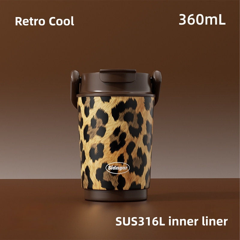 Sidagar Leopard Print Insulated Tumbler with Handle – 360ml SUS316L Stainless Steel Travel Mug, 2-in-1 Dual Drink Lid with Straw & Direct Sip, Leakproof Double Wall Vacuum Coffee Cup for Commute, Car & Leisure
