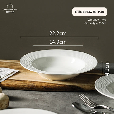 Modern European Threaded Straw Hat Ceramic Plate – Microwave Safe, 22.2cm Elegant Dinnerware for Pasta, Salad, Soup