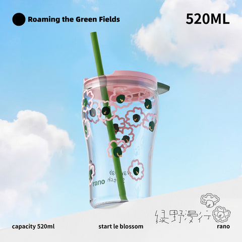 Rano Le Blossom Bubble Glass Cup 520ml — Borosilicate Iced Coffee Tumbler with Magnetic Sliding Lid & Straw | Cherry Blossom Floral Design | Reusable Boba Tea Cup for Office, Home & Outdoor