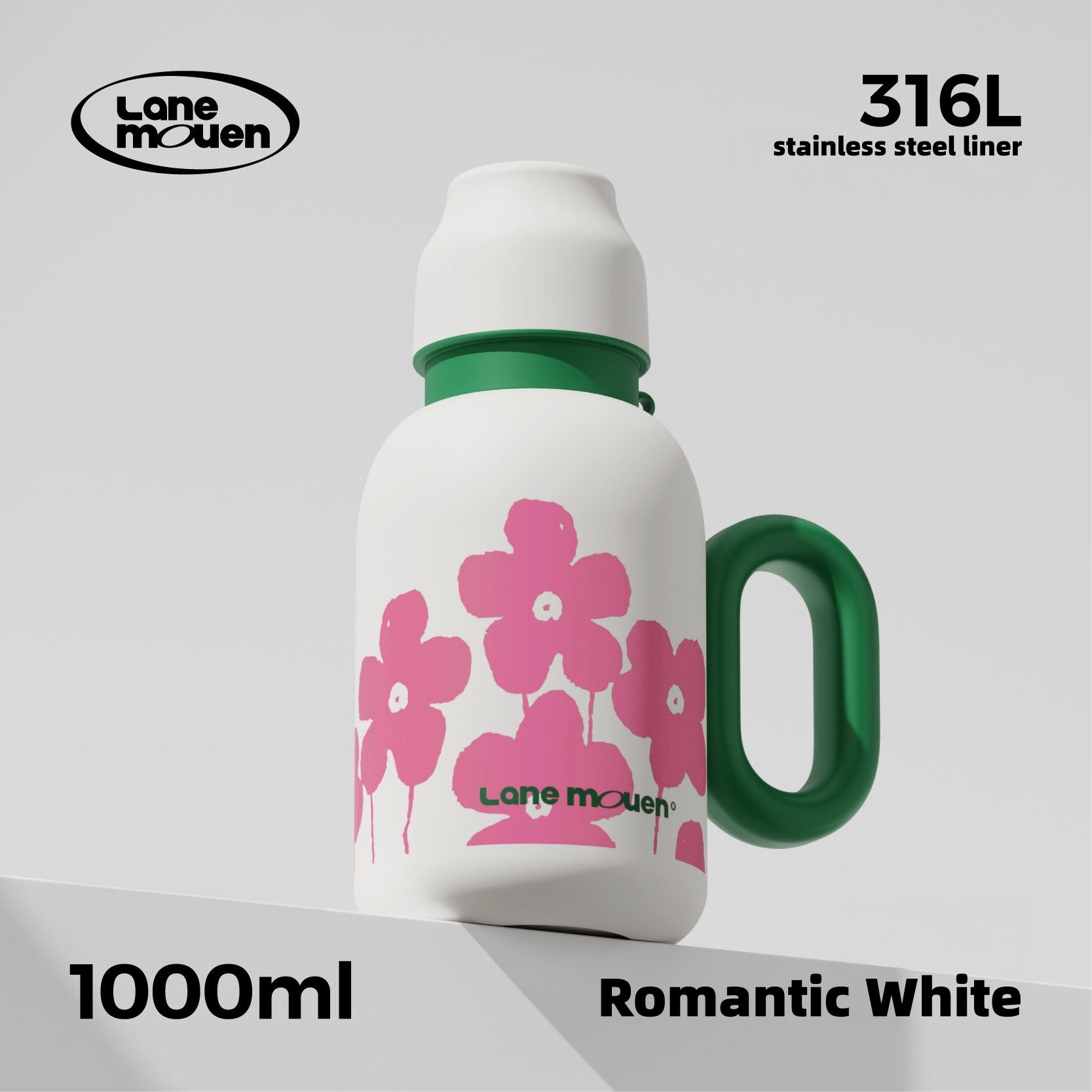 Lane Mouen 1500ml/1000ml Vacuum Insulated Pot with Handle & Cup Lid – 316L Stainless Steel Thermal Carafe, 6H Heat & Cold Retention, One-Click Open, Leakproof Water Bottle for Office, Camping & Travel (Floral White/Grid Purple/Milk Tea Brown)