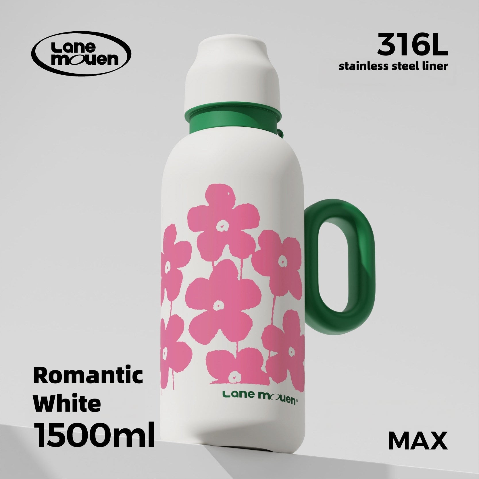 Lane Mouen 1500ml/1000ml Vacuum Insulated Pot with Handle & Cup Lid – 316L Stainless Steel Thermal Carafe, 6H Heat & Cold Retention, One-Click Open, Leakproof Water Bottle for Office, Camping & Travel (Floral White/Grid Purple/Milk Tea Brown)