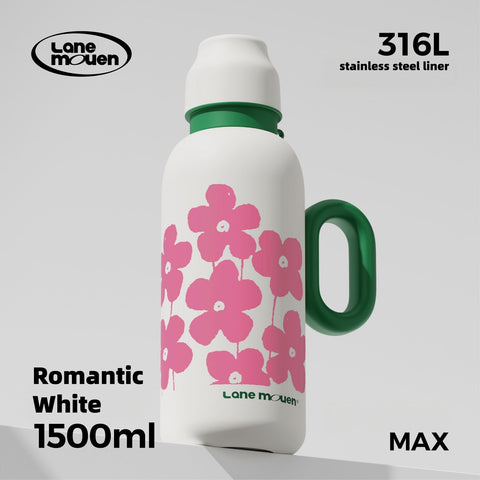 Lane Mouen 1500ml/1000ml Vacuum Insulated Pot with Handle & Cup Lid – 316L Stainless Steel Thermal Carafe, 6H Heat & Cold Retention, One-Click Open, Leakproof Water Bottle for Office, Camping & Travel (Floral White/Grid Purple/Milk Tea Brown)