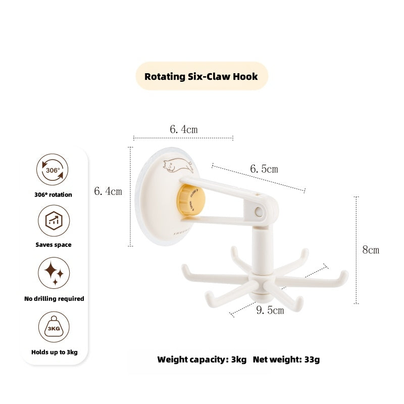 Orange Cat 6-Arm Rotating Hook - 360° Swivel, 3KG Heavy Duty, No Drill Adhesive Mount for Kitchen, Bathroom, Organizer