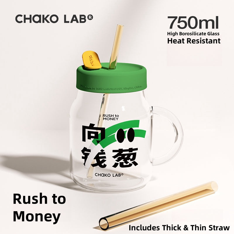 Chako Lab Trendy 450ml Glass Bottle with Dual Straws | Hygienic, Leak-Proof, and Stylish Design