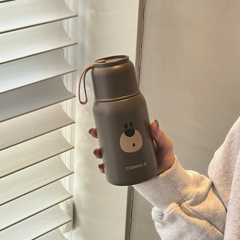 COMIKA Cute Thermal Bottle – Adorable Leakproof Insulated Bottle with Smiley Face and Bear Motifs