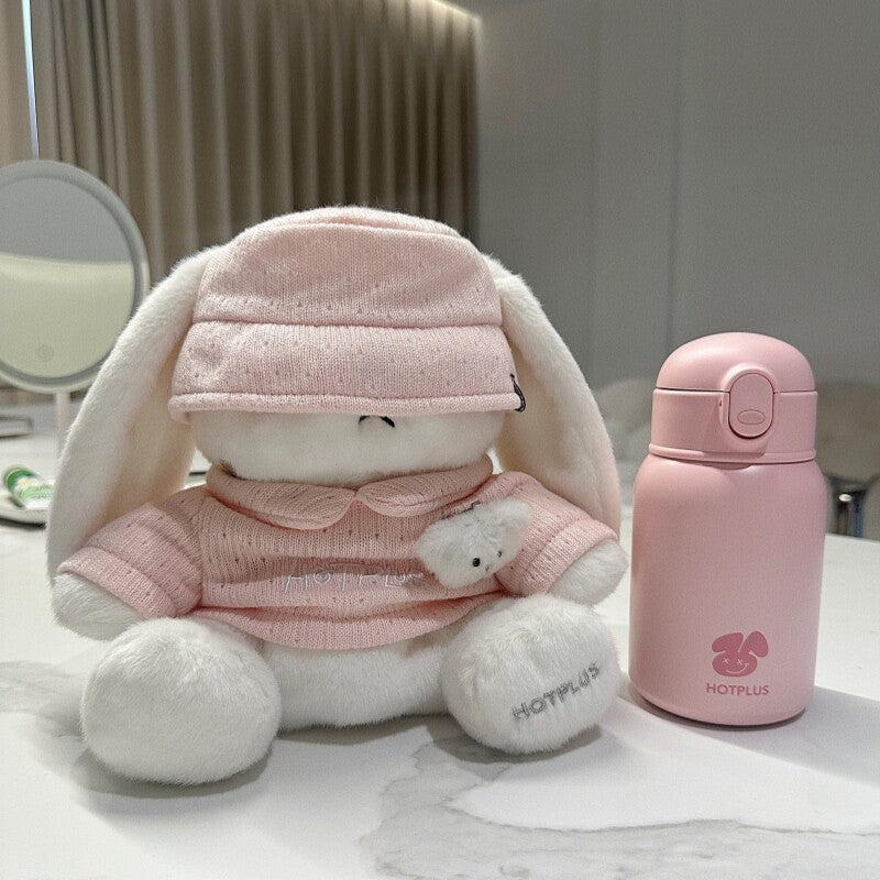 HOTPLUS Rabbit & Cup 450ml Insulated Water Bottle – 316L Stainless Steel Leak Proof Thermos with Plush Cute Cover, 2-in-1 Straw Lid & Tea Cap, Carry Strap for Travel, School & Gifts