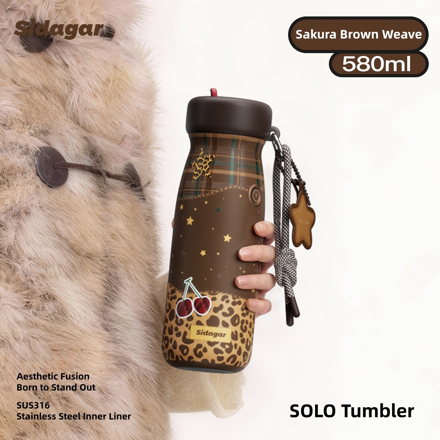 Sidagar SOLO Insulated Mug 580mL – SUS316 Stainless Steel Vacuum Tumbler with Straw & Leak-Proof Lid, Hot & Cold 6-Hour Temperature Retention, Cupholder Friendly Aesthetic Travel Coffee Mug