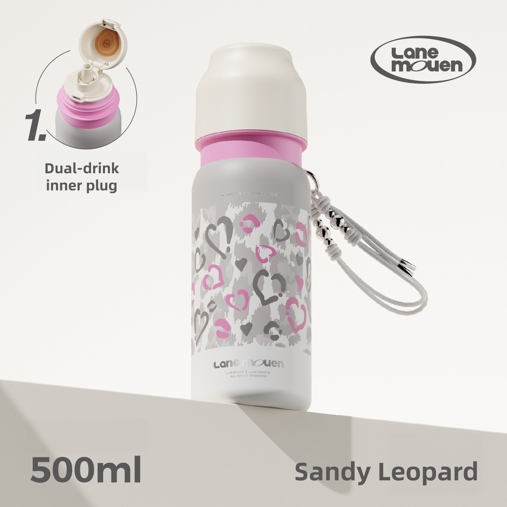 Lane Mouen 500ml Ceramic-Lined Insulated Water Bottle – Dual Drink (Straw & Spout), 316L Stainless Steel / Ceramic Inner Options, 6H Hot 72°C & Cold 6°C, Leak-Proof, BPA-Free Silicone, Leopard Print Travel Cup for Car, Office & Gym