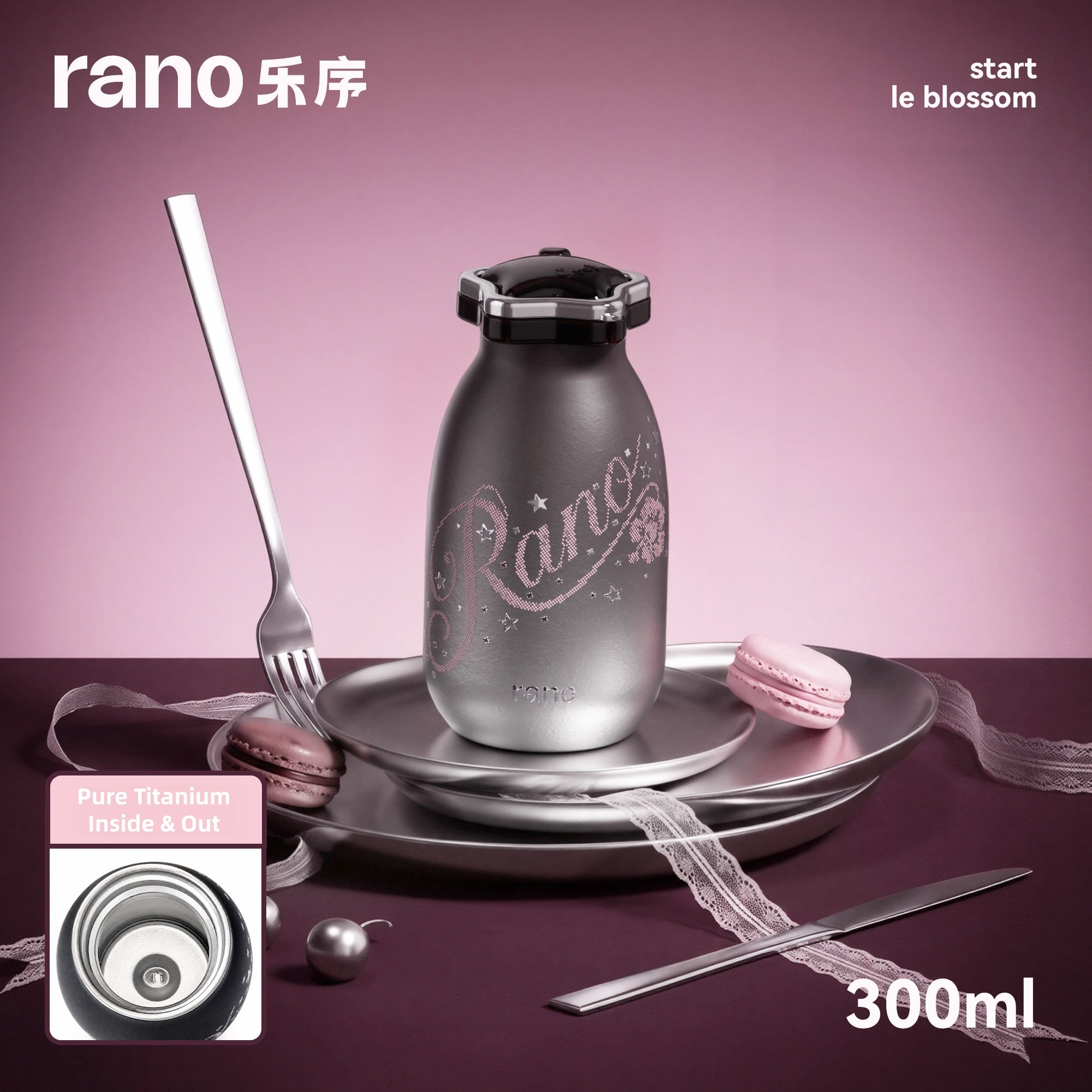 Rano Crystal Titanium Water Bottle 300ml (10oz) – Pure Titanium Inner & Outer, Leak-Proof Insulated Mini Flask with Straw, Sweet & Cool Star Design, Lightweight Travel Gift for Women & Girls