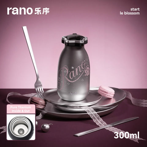 Rano Crystal Titanium Water Bottle 300ml (10oz) – Pure Titanium Inner & Outer, Leak-Proof Insulated Mini Flask with Straw, Sweet & Cool Star Design, Lightweight Travel Gift for Women & Girls