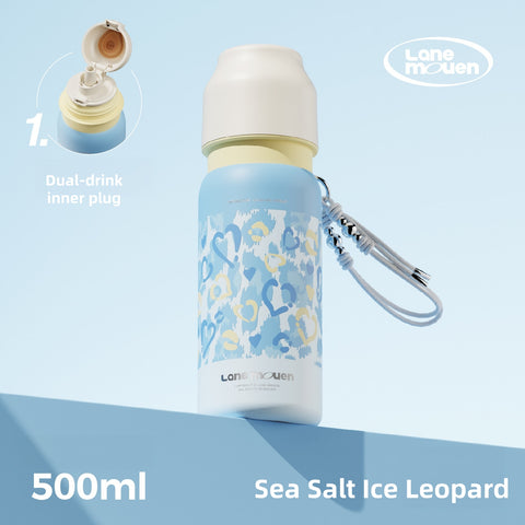 Lane Mouen 500ml Ceramic-Lined Insulated Water Bottle – Dual Drink (Straw & Spout), 316L Stainless Steel / Ceramic Inner Options, 6H Hot 72°C & Cold 6°C, Leak-Proof, BPA-Free Silicone, Leopard Print Travel Cup for Car, Office & Gym