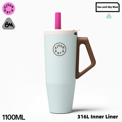 BloomMark 1100ml (40oz) One-Handed Insulated Tumbler with Straw & Handle – 316L Stainless Steel, Leakproof & Tritan Lid – 6H Hot/Cold, Fits Car Cup Holders