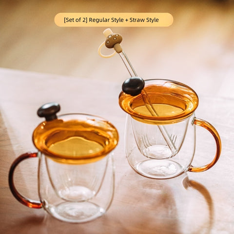 SHUEHO Mushroom Lid Borosilicate Glass Teacup with Infuser – 450ml Heat & Cold Resistant, Handcrafted Double-Color Design, Wooden Knob & Detachable Straw