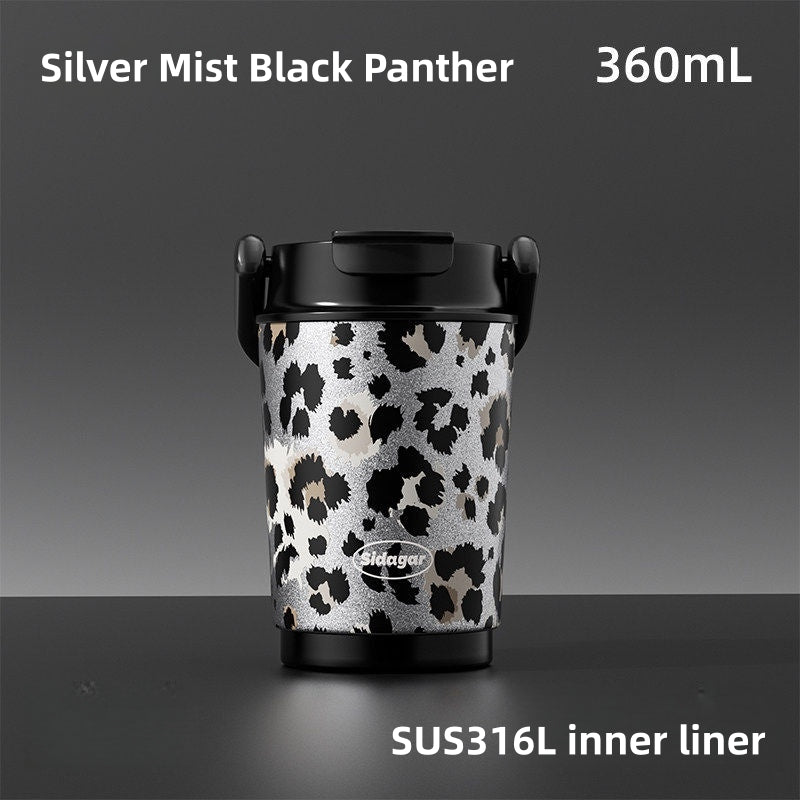 Sidagar Leopard Print Insulated Tumbler with Handle – 360ml SUS316L Stainless Steel Travel Mug, 2-in-1 Dual Drink Lid with Straw & Direct Sip, Leakproof Double Wall Vacuum Coffee Cup for Commute, Car & Leisure