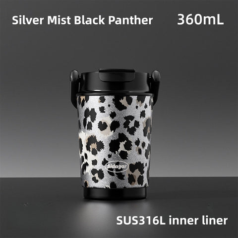 Sidagar Leopard Print Insulated Tumbler with Handle – 360ml SUS316L Stainless Steel Travel Mug, 2-in-1 Dual Drink Lid with Straw & Direct Sip, Leakproof Double Wall Vacuum Coffee Cup for Commute, Car & Leisure
