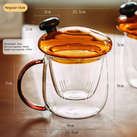 SHUEHO Mushroom Lid Borosilicate Glass Teacup with Infuser – 450ml Heat & Cold Resistant, Handcrafted Double-Color Design, Wooden Knob & Detachable Straw