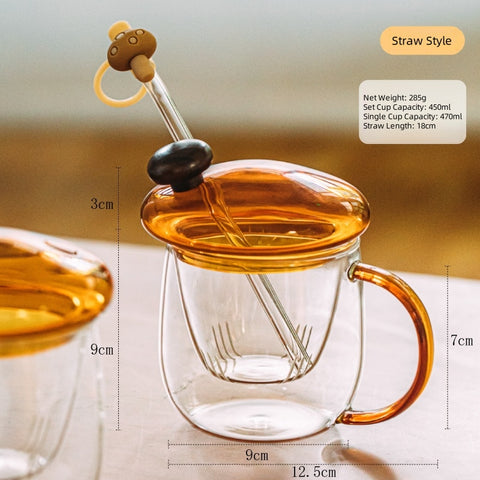 SHUEHO Mushroom Lid Borosilicate Glass Teacup with Infuser – 450ml Heat & Cold Resistant, Handcrafted Double-Color Design, Wooden Knob & Detachable Straw
