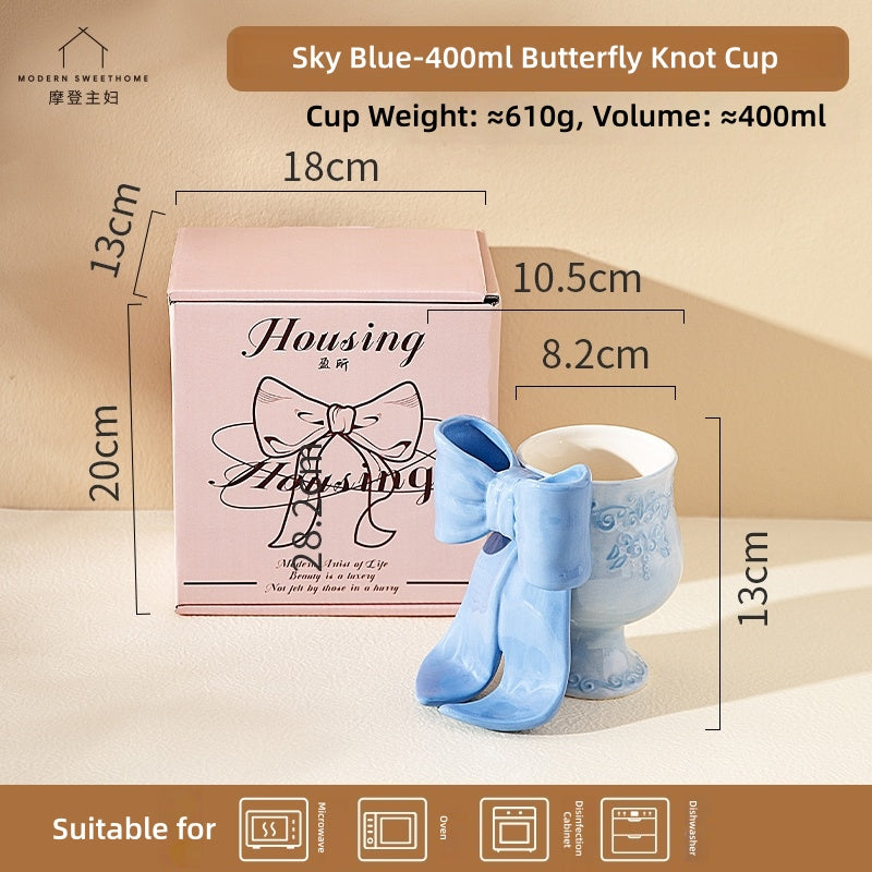 MDZF SWEET HOME Princess Escape Series Ceramic Mug with 3D Bow - Elegant Underglaze Hand-Painted Design, Gift Ready Coffee Cup with Spoon