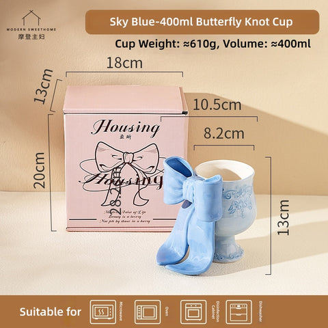 MDZF SWEET HOME Princess Escape Series Ceramic Mug with 3D Bow - Elegant Underglaze Hand-Painted Design, Gift Ready Coffee Cup with Spoon