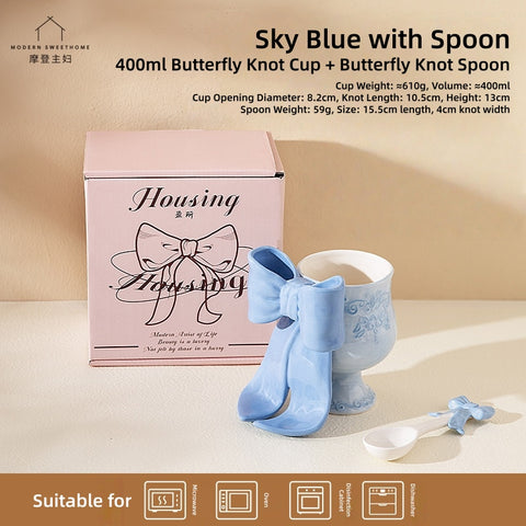 MDZF SWEET HOME Princess Escape Series Ceramic Mug with 3D Bow - Elegant Underglaze Hand-Painted Design, Gift Ready Coffee Cup with Spoon